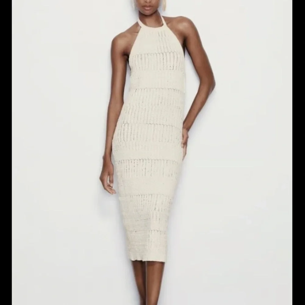 Zara Beige Crochet Knit Midi Dress S - Picture 1 of 7
